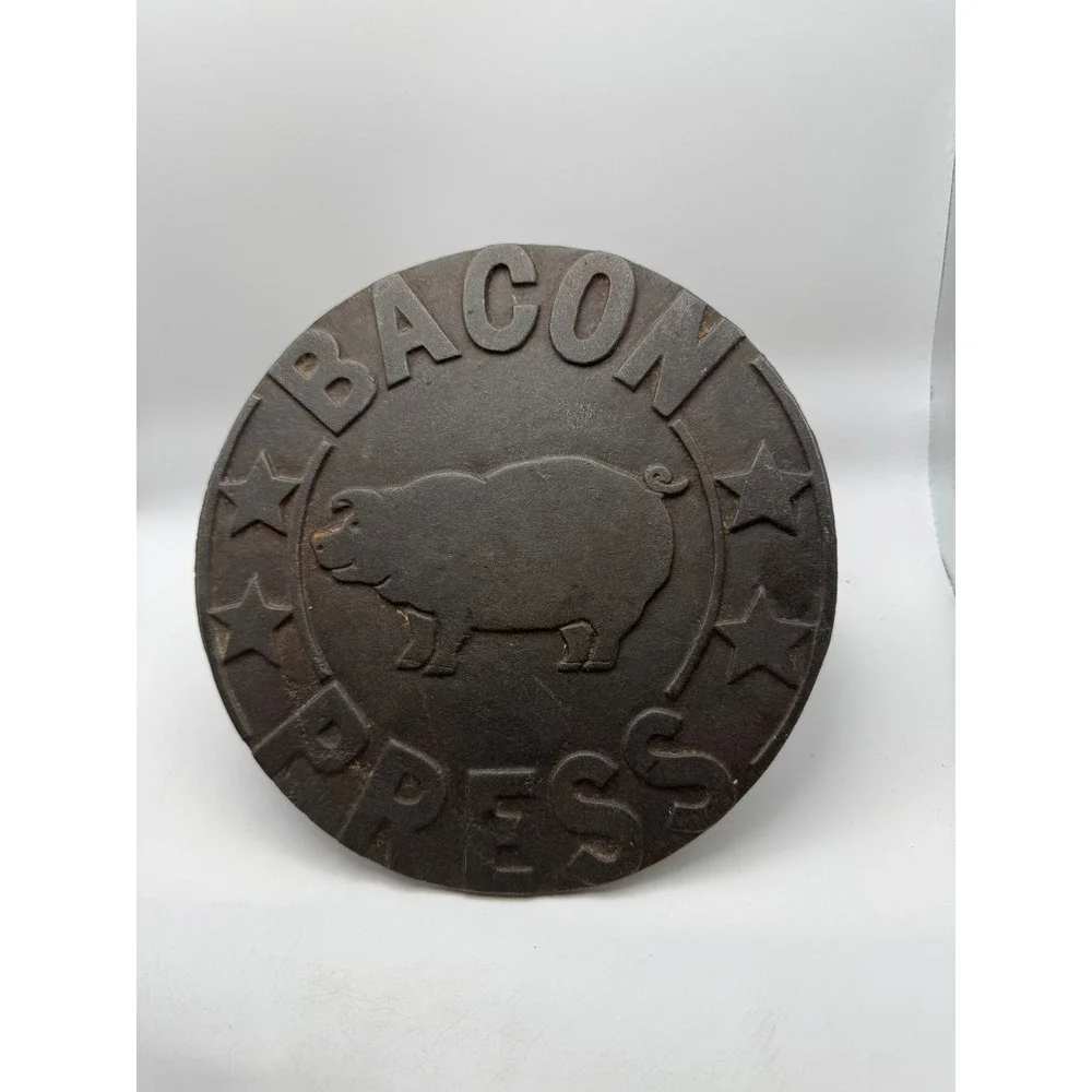 Vintage Cast Iron Bacon Press Pig Stars Embossed‎ Wood Handle Kitchen Tool
